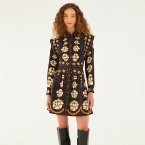 FARM Rio Black Bold Flowers Long Sleeve Organic Cotton Mini Dress. Sz: M